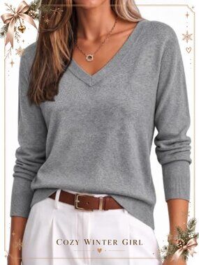 Wool Blend V Neck Pullover Sweater Long Sleeve Casual Fall Winter Top